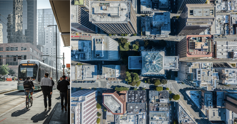 On the left a picture of Phoenix, AZ downtown. There is a streetcar in the centre, and several pedestrians. The sun is shining. On the right, a drone view of a city landscape showing various roofs.